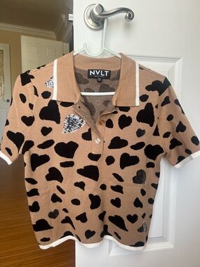 NVLT Tan Polo with Black Heart Print and Sequin Accent